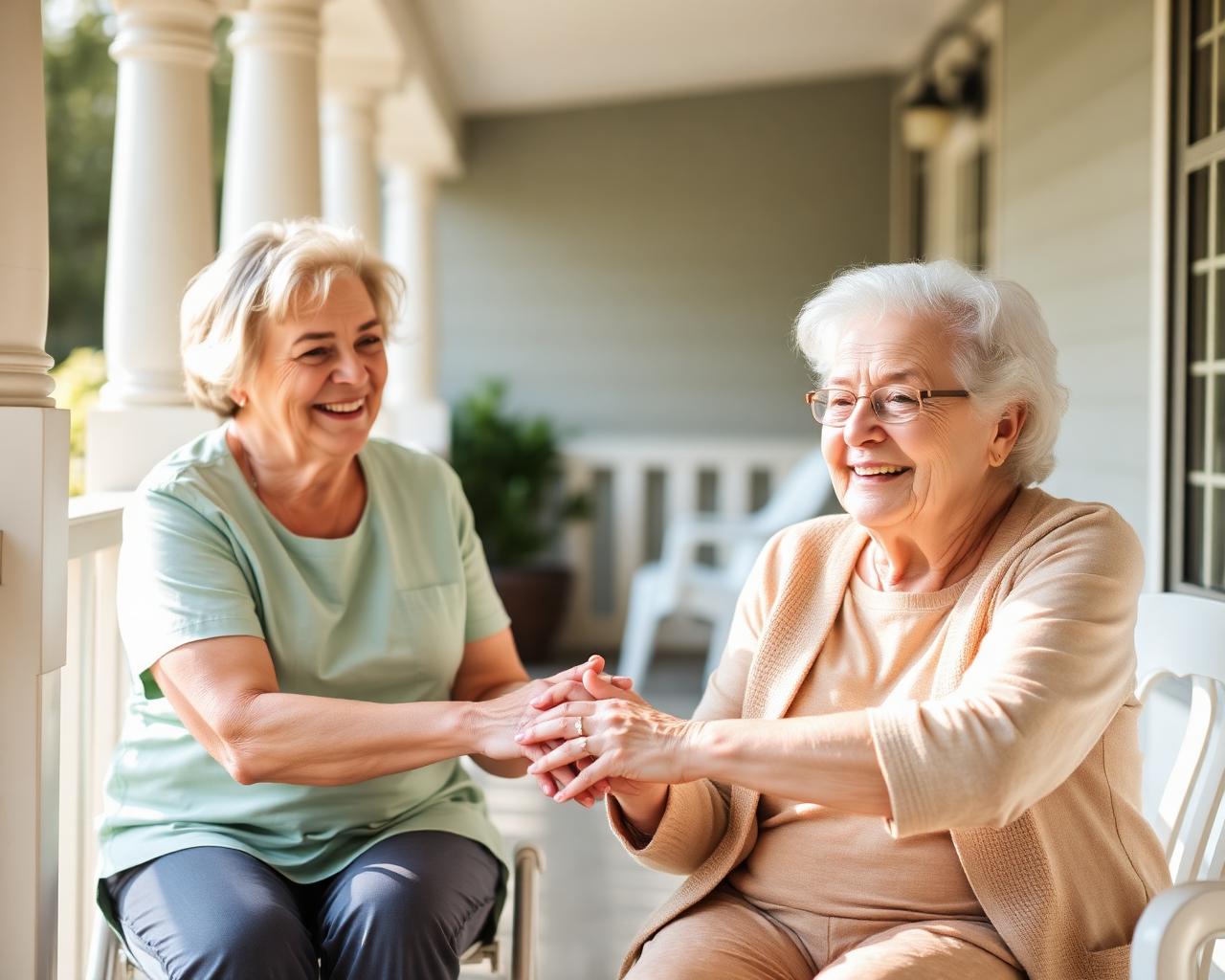 A warm moment between a caregiver and an elderly woman on a sunlit veranda